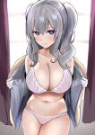  1girl absurdres bangs blush bra breasts cleavage commentary_request curtains enishi96 eyebrows_visible_through_hair gloves hair_between_eyes highres jacket kantai_collection kashima_(kancolle) large_breasts long_hair looking_at_viewer open_clothes open_jacket panties parted_lips sidelocks solo twintails underwear wavy_eyes white_bra white_gloves white_panties window 
