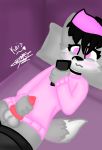  &lt;3 anthro bed canid canine canis clothing fixed fur furniture genitals girly grey_body grey_fur hair hi_res kaiponk kait kait_(kaiponk) legwear male mammal nude penis socks solo this_was_an_invalid_tag_name uwu 