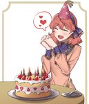  1girl birthday_cake blush border breasts cake candle closed_eyes dress ebinku eyebrows_visible_through_hair fire_emblem fire_emblem_echoes:_shadows_of_valentia food fork fruit genny_(fire_emblem) hairband hands_clasped hands_together hat heart highres jewelry long_sleeves medium_hair necklace open_mouth own_hands_together party_hat pendant pink_dress pink_hair plate simple_background small_breasts smile solo spoken_heart strawberry table white_background 
