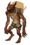  5_fingers 5_toes angry anthro backpack bag blue_eyes bone brown_body brown_claws brown_skin claws clothing concept_art digitigrade ear_piercing electronic_arts facial_piercing fingers fur jewelry kobold_(amalur) loincloth male mammal markings monster mostly_nude navel necklace nose_piercing official_art piercing sharp_teeth simple_background standing straps tan_body tan_fur teeth toe_claws toes unknown_artist video_games white_background 