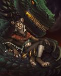  2019 5_fingers ambiguous_gender anthro clothed clothing digital_media_(artwork) dragon felfi felid feline feral fingers green_body green_scales heterochromia hi_res male mammal rogueliger scales smile whiskers 