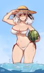  1girl absurdres bare_shoulders bikini breasts cleavage collaboration collarbone contrapposto day food fruit girls_frontline hat highres jordan_smith kollerss large_breasts medium_hair ocean paid_reward patreon_reward red_eyes side-tie_bikini signature smile solo source_request spas-12_(girls_frontline) strapless strapless_bikini summer sun_hat swimsuit wading water watermelon wet white_bikini white_hair 