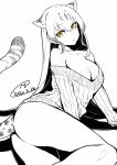  1girl animal_ear_fluff animal_ears ass bangs bare_shoulders breasts cheetah_(kemono_friends) cheetah_ears cheetah_tail collarbone commentary dated extra_ears eyebrows_visible_through_hair greyscale hair_between_eyes happa_(cloverppd) highres kemono_friends long_hair looking_at_viewer medium_breasts monochrome off-shoulder_sweater off_shoulder ribbed_sweater signature solo spot_color sweater yellow_eyes 