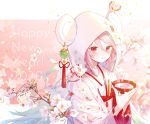  1girl 2020 :o artist_name bangs branch cherry_blossoms chinese_zodiac cup dated english_text fan folding_fan happy_new_year holding hood hood_up ibara_riato japanese_clothes kimono long_sleeves looking_at_viewer mouse mouse_hood new_year original parted_lips petals pink-framed_eyewear pink_eyes rope sakazuki shimenawa signature solo swept_bangs uchikake white_kimono wide_sleeves wind_chime year_of_the_rat 