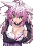  1girl ahoge alternate_costume animal_ears atalanta_(alter)_(fate) atalanta_(fate) blush bra breasts cat_ears collar eyebrows_visible_through_hair fate/apocrypha fate/grand_order fate_(series) green_eyes highres large_breasts looking_at_viewer multicolored_hair pink_bra self_exposure solo tongue tongue_out two-tone_hair unbuttoned unbuttoned_shirt underwear watosu watosu_(watosu_mama) white_background 