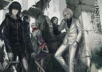  1girl 5boys animal_hood bandages bangs black_coat black_eyes black_hair black_sclera black_shirt blazer blonde_hair blue_hair bunny_hood coat dress_shirt eto_(tokyo_ghoul) facial_hair facial_mask formal gas_mask ghoul height_difference hood hoodie infukun jacket kirishima_ayato long_hair long_sleeves looking_at_viewer male_focus mask masked medium_hair multiple_boys mustache naki_(tokyo_ghoul) noro_(tokyo_ghoul) ponytail red_eyes ruins scarf shachi_(tokyo_ghoul) shirt short_hair silver_hair suit tatara_(tokyo_ghoul) teeth tied_hair tokyo_ghoul torn_clothes wavy_hair white_coat white_hair white_suit 