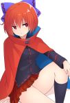  1girl absurdres bangs black_legwear blue_bow bow breasts cloak commentary eyebrows_visible_through_hair hair_bow head_tilt high_collar highres kandori knee_up long_sleeves medium_breasts neck_scar pleated_skirt red_cloak red_eyes red_hair red_skirt scar sekibanki short_hair sidelocks simple_background sitting skirt socks solo thighs touhou white_background 