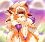  2020 absurd_res anthro big_breasts bikini blush breasts canid canine clothing dusk_lycanroc female fur genitals hi_res lycanroc mammal milkteafox nintendo orange_body orange_fur pok&eacute;mon pok&eacute;mon_(species) pussy swimwear video_games white_body white_fur 