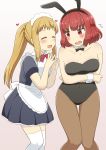  2girls alternate_costume animal_ears apron arms_under_breasts bangs bare_arms bare_shoulders black_leotard blonde_hair blue_shirt blue_skirt blush bow bowtie brown_legwear closed_eyes collarbone commentary_request cropped_legs crossed_arms detached_collar embarrassed enmaided eyebrows_visible_through_hair facing_another fake_animal_ears fingernails fingers_together gradient gradient_background heart highres inose_mai karigane_yuuma knees_together_feet_apart koisuru_asteroid leotard long_hair long_ponytail looking_at_another maid maid_apron maid_headdress multiple_girls open_mouth pantyhose purple_background red_eyes red_neckwear sakurai_mikage shirt short_sleeves skirt standing thighhighs very_long_hair white_legwear 
