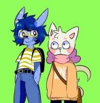 backpack belt bow chiropteran clothing eyewear fluffy_(character) glasses hellafluffy_(artist) jumper low_res mammal neckwear shirt simple_background topwear wffl_(character) 