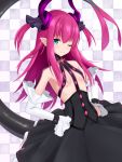  1girl bangs black_dress blue_eyes blush breasts curled_horns detached_sleeves dragon_girl dragon_horns dress elizabeth_bathory_(fate) elizabeth_bathory_(fate)_(all) eyebrows_visible_through_hair fate/extra fate/extra_ccc fate/grand_order fate_(series) hair_between_eyes horns long_hair long_sleeves looking_at_viewer mito_engine one_eye_closed pointy_ears ponytail purple_hair sidelocks small_breasts smile solo very_long_hair white_sleeves 