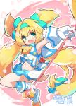  1girl bell blazblue blonde_hair blue_eyes blue_hairband blue_ribbon blue_skirt blush boots dated eyebrows_visible_through_hair gloves hair_between_eyes hair_intakes hair_ribbon hairband heart heart-shaped_pupils highres holding holding_staff jingle_bell long_hair low-tied_long_hair magical_girl miniskirt open_mouth perorisu platinum_the_trinity pleated_skirt ribbon skirt solo staff symbol-shaped_pupils two_side_up very_long_hair white_footwear white_gloves 