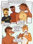  3:4 anthro blake_jackson bovid bovine canid canine canis cattle clothed clothing comic communal_shower coyote dialogue english_text equid equine felid fuze group hi_res horse joe_(fuze) male mammal mond_reyes navel nipples pantherine shirt shower t-shirt texnatsu text tiger topless topwear ty_conrad 