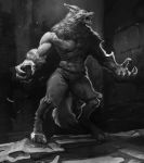 2019 3_toes 5_fingers abs action_pose anthro barefoot belt biceps bottomwear canid canine chest_band claws clothed clothing digital_media_(artwork) digitigrade fangs fingers full-length_portrait hi_res ilya_shkipin male mammal monochrome muscular muscular_male no_pupils open_mouth pants pecs portrait pose sharp_claws sharp_teeth solo standing teeth toes topless torn_clothing were werecanid werecanine werewolf 