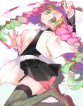  1girl ass belt black_coat black_skirt blush breasts cleavage collared_shirt gradient_hair green_eyes green_hair green_legwear haori heart heart_print japanese_clothes jumping kanroji_mitsuri katana kimetsu_no_yaiba lamb_(milty-175) long_hair looking_at_viewer medium_breasts miniskirt mole mole_under_eye multicolored_hair nail_polish open_mouth pink_hair pink_nails ribbed_legwear sandals shirt simple_background skirt solo sword thighhighs thighs tri_braids two-tone_hair uniform weapon whip_sword white_background white_shirt zettai_ryouiki 