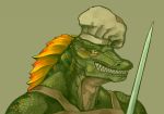  anthro armpitcore420 chef_hat clothed clothing green_body green_scales hat headgear headwear looking_at_viewer reptile scales scalie sharp_teeth simple_background solo teeth 