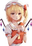  /\/\/\ 1girl arms_up blonde_hair collarbone commentary_request cravat eyebrows_visible_through_hair fingernails flandre_scarlet food food_on_face hair_between_eyes hamburger hat hat_ribbon holding holding_food light_blush looking_at_viewer mob_cap nail_polish one_side_up partial_commentary puffy_short_sleeves puffy_sleeves red_eyes red_nails red_vest ribbon shaffelli shirt short_hair short_sleeves sidelighting simple_background solo touhou triangle_mouth upper_body vest white_background white_headwear white_shirt wings wrist_cuffs yellow_neckwear 