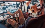  2019 absurd_res anthro blue_eyes bottomwear canid canine car clothed clothing detailed_background digitigrade driving fangs fox fur hi_res hriscia landscape looking_at_viewer male mammal misumutt shorts solo tongue traditional_media_(artwork) tuft vehicle 