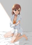  1girl absurdres barefoot bed brown_eyes brown_hair dress_shirt full_body highres kneeling long_hair long_sleeves looking_at_viewer misaka_mikoto naguramu open_toe_shoes orange_shirt shirt short_hair solo to_aru_kagaku_no_railgun to_aru_majutsu_no_index white_shirt 