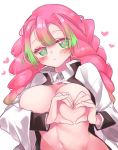  1girl areolae black_coat blush breasts breasts_outside cleavage collared_shirt covering_nipples cowboy_shot gradient_hair green_eyes green_hair haori heart heart_hands japanese_clothes kanroji_mitsuri kimetsu_no_yaiba lamb_(milty-175) large_breasts long_hair long_sleeves looking_at_viewer midriff mole mole_under_eye multicolored_hair navel open_clothes open_shirt parted_lips pink_hair shirt simple_background solo tri_braids two-tone_hair uniform white_background white_shirt 