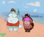  anthro auburn_hair beach belly big_belly bottomwear bulge canid canine clothing dialogue duo english_text eyewear fox fur glasses gynomorph hair hyaenid intersex mammal moobs nipples obese overweight seaside short_stack simple_background spots spotted_body spotted_fur text 