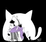  1boy animal animal_on_head bags_under_eyes black_background black_cat cat cat_on_head closed_mouth crossed_arms from_side half-closed_eyes hood hood_basket hood_down hoodie jikuno knees_to_chest knees_up long_sleeves looking_away male_focus matsuno_ichimatsu on_head osomatsu-kun osomatsu-san pants purple_hoodie sad sandals signature sitting spot_color sweatpants too_many too_many_cats two-tone_background white_background white_cat 