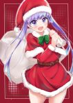  1girl :d absurdres belt christmas cowboy_shot dress eyebrows_visible_through_hair fur-trimmed_dress hat highres long_hair looking_at_viewer new_game! open_mouth purple_eyes purple_hair red_background red_dress santa_costume santa_hat smile solo suzukaze_aoba t.k.c twintails 