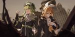  2girls alternate_costume bandaged_hand black_coat black_gloves black_jacket breasts city closed_mouth commentary_request fingerless_gloves gloves goggles goggles_on_head gumi hair_between_eyes hair_ornament hair_over_one_eye hairband hairclip hand_on_own_chest hand_up highres jacket kagamine_rin long_sleeves looking_down looking_to_the_side medium_breasts medium_hair multiple_girls neckerchief open_clothes open_jacket outdoors parted_lips ruins scarf side_ponytail small_breasts vocaloid white_hairband white_scarf wide_sleeves wounds404 yellow_neckwear 