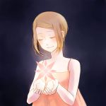  1girl brown_hair cecily closed_eyes closed_mouth digimon digimon_adventure_02 dress short_hair simple_background smile solo yagami_hikari 