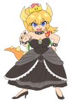  1girl black_collar black_dress blonde_hair blue_eyes blush_stickers bowsette bracelet breasts cleavage collar crown dress fangs fingernails full_body high_heels highres horns ishii_junnosuke jewelry large_breasts long_hair looking_at_viewer mario_(series) new_super_mario_bros._u_deluxe open_mouth sharp_fingernails smile solo spiked_armlet spiked_bracelet spiked_collar spiked_shell spiked_tail spikes strapless strapless_dress super_crown tail turtle_shell 