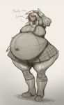  2020 belly big_belly big_breasts blush boots bottomwear breasts capcom claws clothed clothing english_text female footwear fully_clothed greyscale hair hi_res humanoid licker monochrome monster monster_girl_(genre) navel overweight resident_evil sharp_teeth simple_background skirt solo susfishous teeth text thick_thighs video_games wide_hips 
