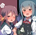  2girls akebono_(kantai_collection) alcohol anger_vein atsutoku bell blush brown_eyes dress drunk eyebrows_visible_through_hair flower grey_hair hair_bell hair_flower hair_ornament hair_ribbon highres jingle_bell kantai_collection kasumi_(kantai_collection) long_hair long_sleeves looking_at_viewer multiple_girls one_eye_closed open_mouth pinafore_dress purple_eyes purple_hair remodel_(kantai_collection) ribbon school_uniform serafuku shirt short_sleeves side_ponytail spoken_anger_vein tsundere very_long_hair 