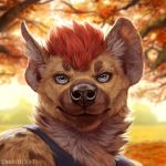  1:1 2019 anthro blue_eyes brown_body brown_fur brown_nose caraid depth_of_field detailed_background digital_media_(artwork) forest fur hair hyaenid inner_ear_fluff looking_at_viewer male mammal outside realistic red_hair short_hair smile solo tree tuft 