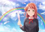  1girl bangs black_jacket blue_sky blunt_bangs blush bow bowtie braid braided_bun cloud eyebrows_visible_through_hair feathers highres holding_feather jacket long_sleeves looking_at_viewer love_live! love_live!_school_idol_festival_all_stars medium_hair outdoors rainbow red_hair red_neckwear school_uniform shamakho side_bun signature sky smile solo sunlight uehara_ayumu upper_body yellow_eyes 