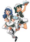  1boy 1girl alternate_costume apron black_eyes black_hair blue_eyes blue_hair djmn_c enmaided hikari_(pokemon) holding holding_tray jumping maid maid_apron open_mouth pokemon pokemon_(anime) pokemon_dppt_(anime) poses satoshi_(pokemon) simple_background smile spiked_hair tagme tray upper_teeth white_background 