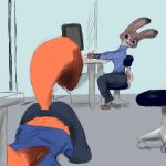  1:1 anthro canid canine cerebral_knievel chair clothed clothing disney duo fox fully_clothed fur furniture grey_body grey_fur hi_res inside judy_hopps lagomorph leporid looking_at_another mammal nick_wilde office_chair orange_body orange_fur purple_eyes rabbit red_fox sitting zootopia 