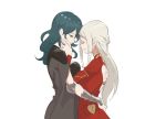  2girls aqua_hair arm_guards arms_around_waist back_cutout byleth_(fire_emblem) byleth_(fire_emblem)_(female) chocotto715 closed_eyes couple edelgard_von_hresvelg fire_emblem fire_emblem:_three_houses highres hug jewelry lens_flare multiple_girls ring silver_hair simple_background smile upper_body yuri 