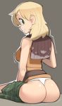  1girl ashley_graham ass blonde_hair breasts green_eyes looking_at_viewer looking_back nickleflick open_mouth orange_shirt resident_evil resident_evil_4 shirt short_hair simple_background skirt sleeveless solo thong 