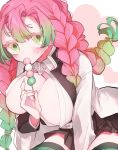  1girl areola_slip areolae belt between_legs black_coat black_skirt blush breasts cleavage coat collared_shirt covered_nipples cowboy_shot dango eating eyelashes food gradient_hair green_eyes green_hair green_legwear hand_between_legs haori heart japanese_clothes kanroji_mitsuri kimetsu_no_yaiba lamb_(milty-175) large_breasts long_hair looking_at_viewer miniskirt mole mole_under_eye multicolored_hair nail_polish partially_unbuttoned pink_hair pink_nails pleated_skirt ribbed_legwear shirt simple_background skirt solo thighhighs thighs tri_braids two-tone_hair wagashi white_background white_shirt zettai_ryouiki 