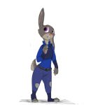  1:1 anthro buckteeth cerebral_knievel cheek_tuft clothed clothing disney facial_tuft fully_clothed fur grey_body grey_fur hi_res judy_hopps lagomorph leporid mammal one_ear_up police_uniform purple_eyes rabbit simple_background solo standing teeth tuft uniform white_background zootopia 