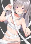  bandaged_arm bandages bandaid_on_forehead bangs bare_shoulders breasts collarbone grey_background grey_hair h3po4_chiba hand_up idolmaster idolmaster_shiny_colors long_hair medium_breasts naked_bandage navel open_mouth purple_eyes sidelocks simple_background twintails yuukoku_kiriko 