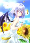  1girl alternate_costume arms_up bare_arms bare_shoulders bat_wings blue_sky blurry blurry_background blush breasts cloud commentary_request cowboy_shot day depth_of_field dress eyebrows_visible_through_hair field flower flower_field from_side hair_between_eyes highres light_blue_hair light_smile looking_at_viewer looking_back no_headwear outdoors petals red_eyes remilia_scarlet short_hair sky small_breasts solo standing strapless strapless_dress sumishi_(sumisi_3) summer sundress sunflower touhou white_dress wind wings 