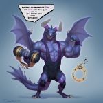  1:1 2020 anthro biceps clothed clothing digital_media_(artwork) dragaux dragon dumbbell english_text exercise flexing hi_res horn male muscular muscular_male nintendo open_mouth pecs ring_fit_adventure scalie sharp_teeth simple_background smile solo speech_bubble taran_fiddler teeth text video_games weightlifting weights wings workout 