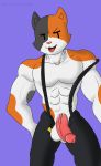  2020 anthro balls bottomwear calico_cat clothing digital_media_(artwork) domestic_cat epic_games erection felid feline felis fortnite fur genitals hi_res klr-rio looking_at_viewer male mammal meowscles_(fortnite) muscular muscular_cat open_mouth penis simple_background smile solo standing suspenders vein video_games white_body white_fur 