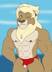  2020 abs anthro bottomwear bulge clothed clothing digital_media_(artwork) felid feline fur genitals hair hi_res klr-rio la&#039;an lion looking_at_viewer male mammal muscular muscular_male nipples one_eye_closed pantherine pecs penis simple_background smile solo standing underwear water whistle 