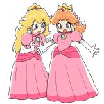  2girls blonde_hair blue_eyes blush brown_hair cosplay crown dress earrings full_body gloves highres ishii_junnosuke jewelry mario_(series) multiple_girls nintendo open_mouth pink_dress princess_daisy princess_dress princess_peach princess_peach_(cosplay) smile white_background 