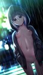  1girl blush breasts dosu_(doseven) exhibitionism highres hood hood_up hoodie lavender_hair naked_hoodie navel nipples nude open_clothes open_hoodie original outdoors public_nudity pussy rain red_eyes shiny shiny_hair shiny_skin short_hair small_breasts solo 