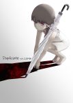  1girl absurdres asymmetrical_hair barefoot brown_eyes brown_hair closed_mouth dress feet hair_ornament hairclip highres huge_filesize iwakura_lain looking_at_viewer masahito_(yomenu) serial_experiments_lain shadow short_hair simple_background sleeveless solo umbrella white_dress 