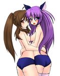 animal_ears breast_press breasts brown_hair buruma little_busters! long_hair masayu multiple_girls natsume_rin open_mouth purple_eyes purple_hair red_eyes sasasegawa_sasami small_breasts symmetrical_docking thighhighs topless twintails 
