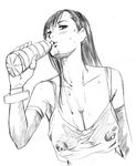  abura_katabura breasts final_fantasy final_fantasy_vii greyscale large_breasts long_hair lowres monochrome nipples ponytail see-through shirt solo tifa_lockhart upper_body wet wet_clothes wet_shirt 